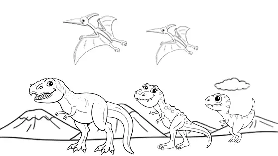 Pterodactyls Flying Over T-Rex Coloring Page Black & White