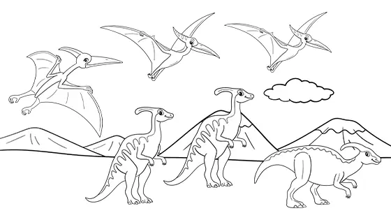 Parasaurolophus with Pterodactyls Flying By Coloring Page Black & White
