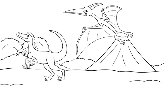 Pterodactyl Swooping Down On Velociraptor Coloring Page Black & White