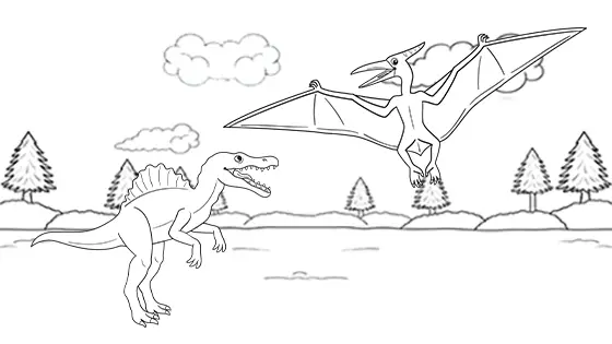 Pterodactyl vs Spinosaurus Coloring Page Black & White