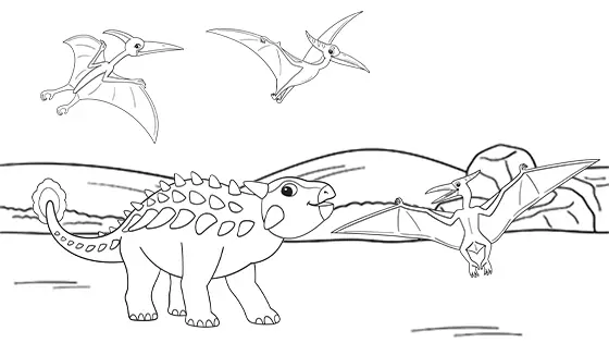 Pterodactyls Hovering Over Ankylosaurus Coloring Page Black & White