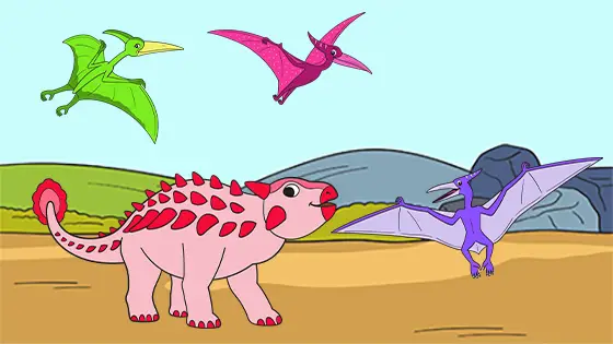 Pterodactyls Hovering Over Ankylosaurus Coloring Page Color