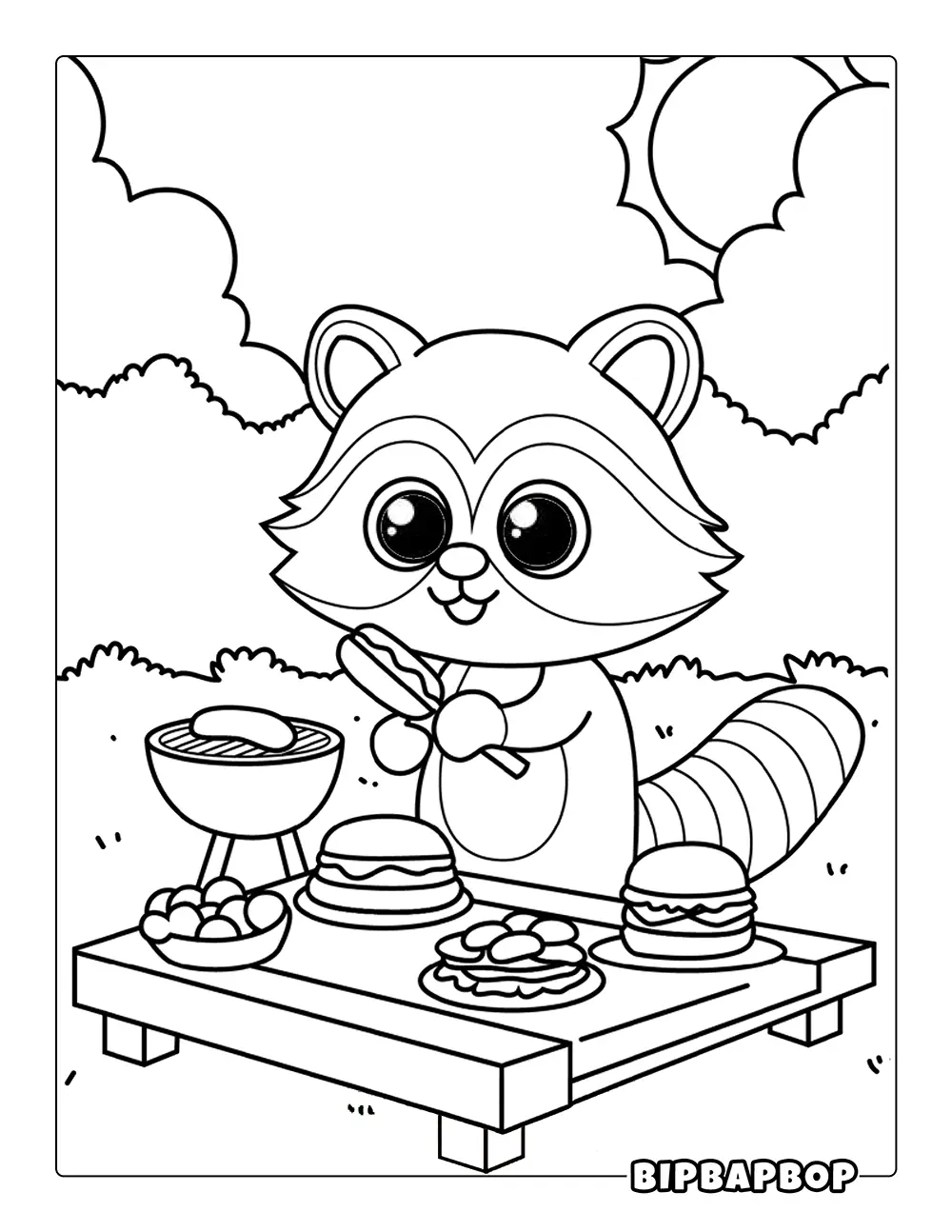 Raccoon Grilling At BBQ Coloring Page