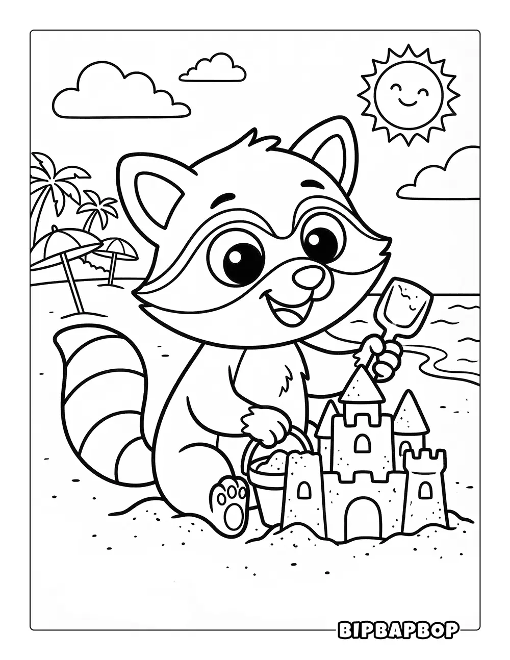 Raccoon At The Beach Coloring Page