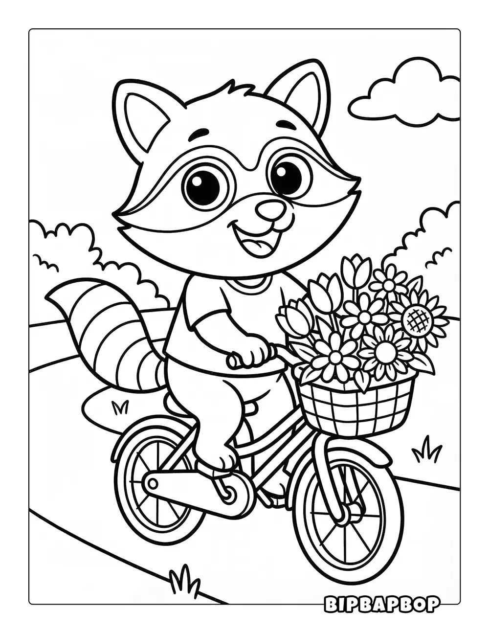 Raccoon Riding A Bike Coloring Page