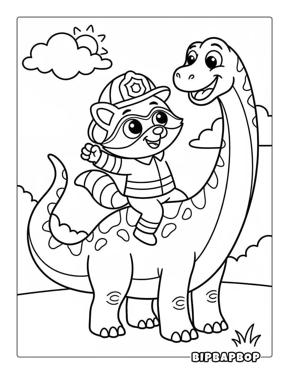 Raccoon Riding Brontosaurus Coloring Page