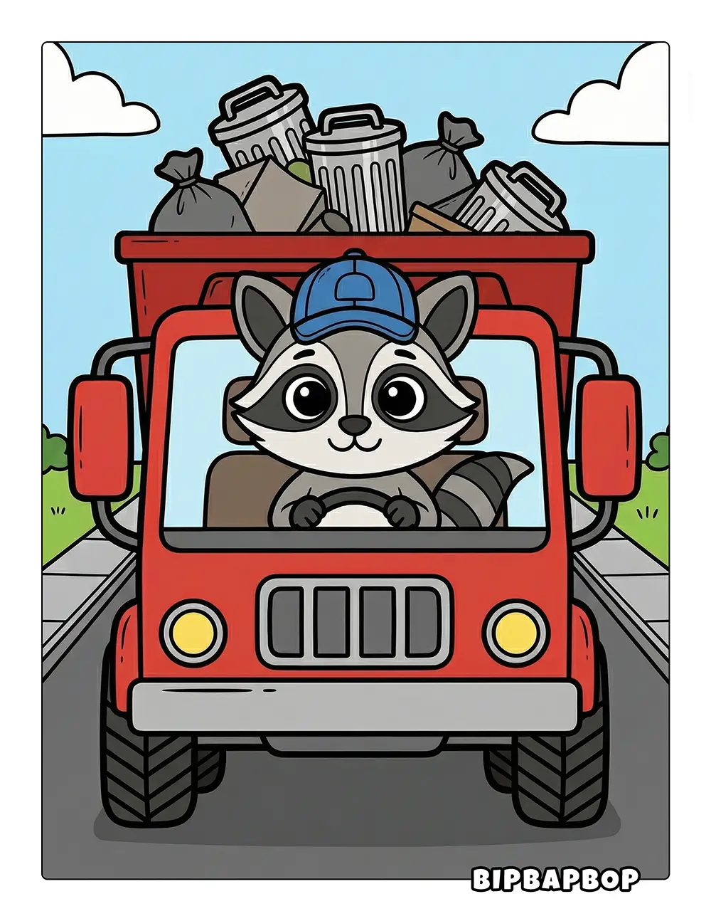 Raccoon Driving Garbage Truck Printable