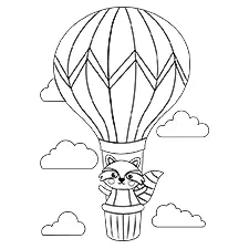 Raccoon In A Hot Air Balloon Coloring Page Black & White