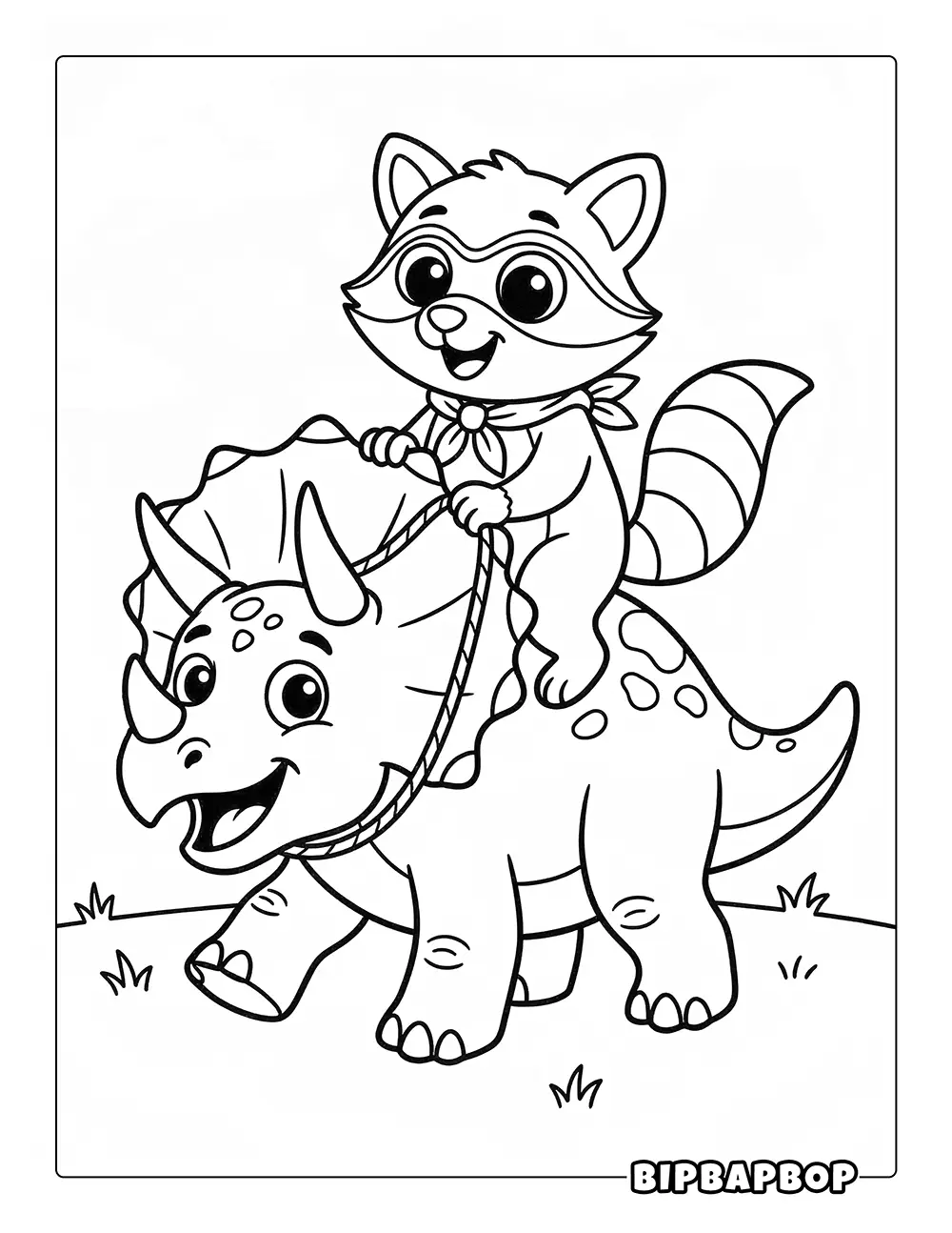 Raccoon Riding Triceratops Coloring Page