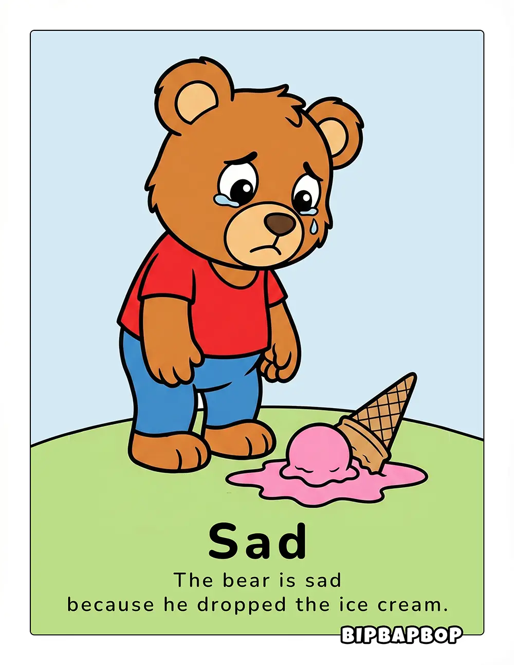 The bear is sad because he dropped the ice cream