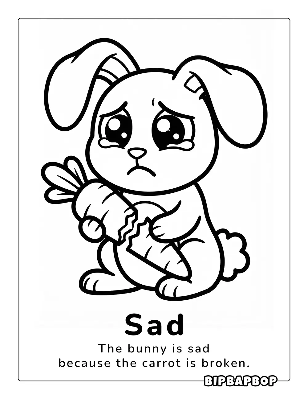 A sad rabbit with a broken carrot