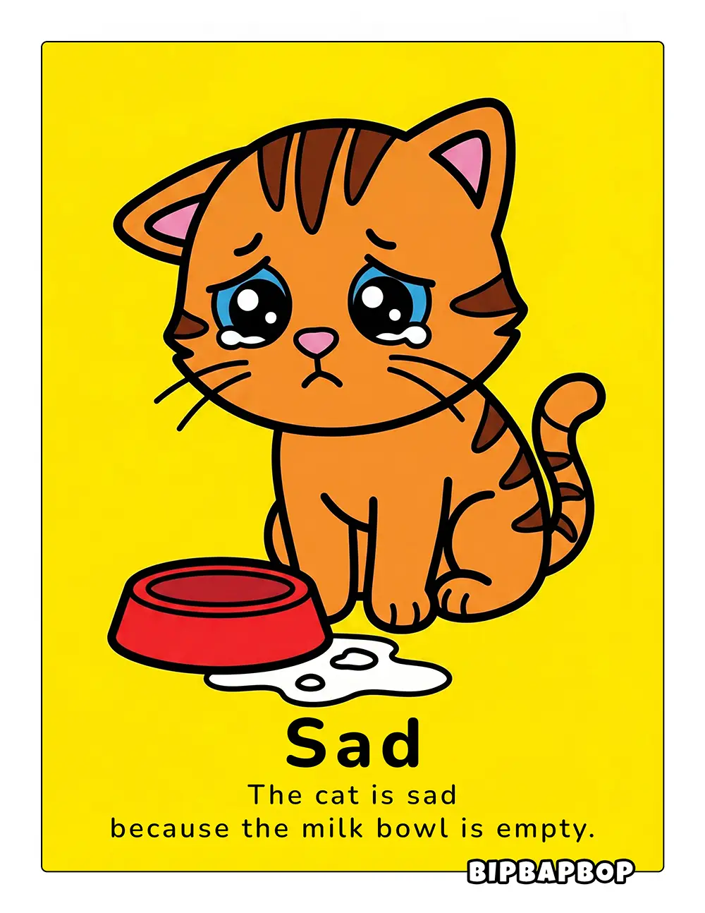 The cat is sad because the milk bowl is empty