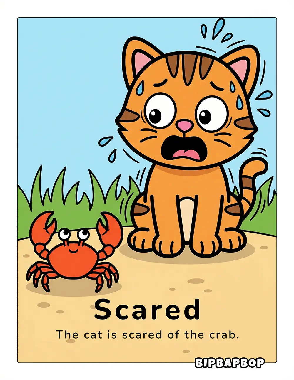 The cat is scared of the crab