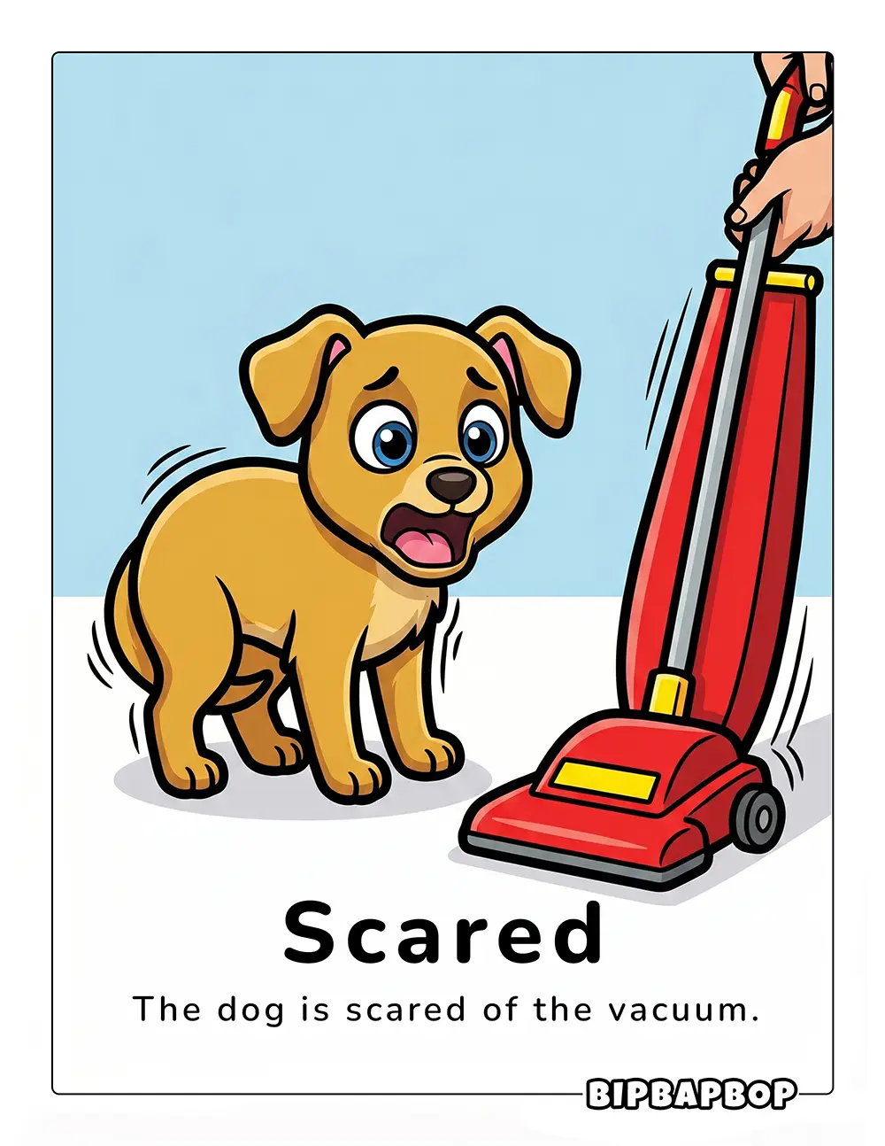 A dog scared of a vacuum cleaner