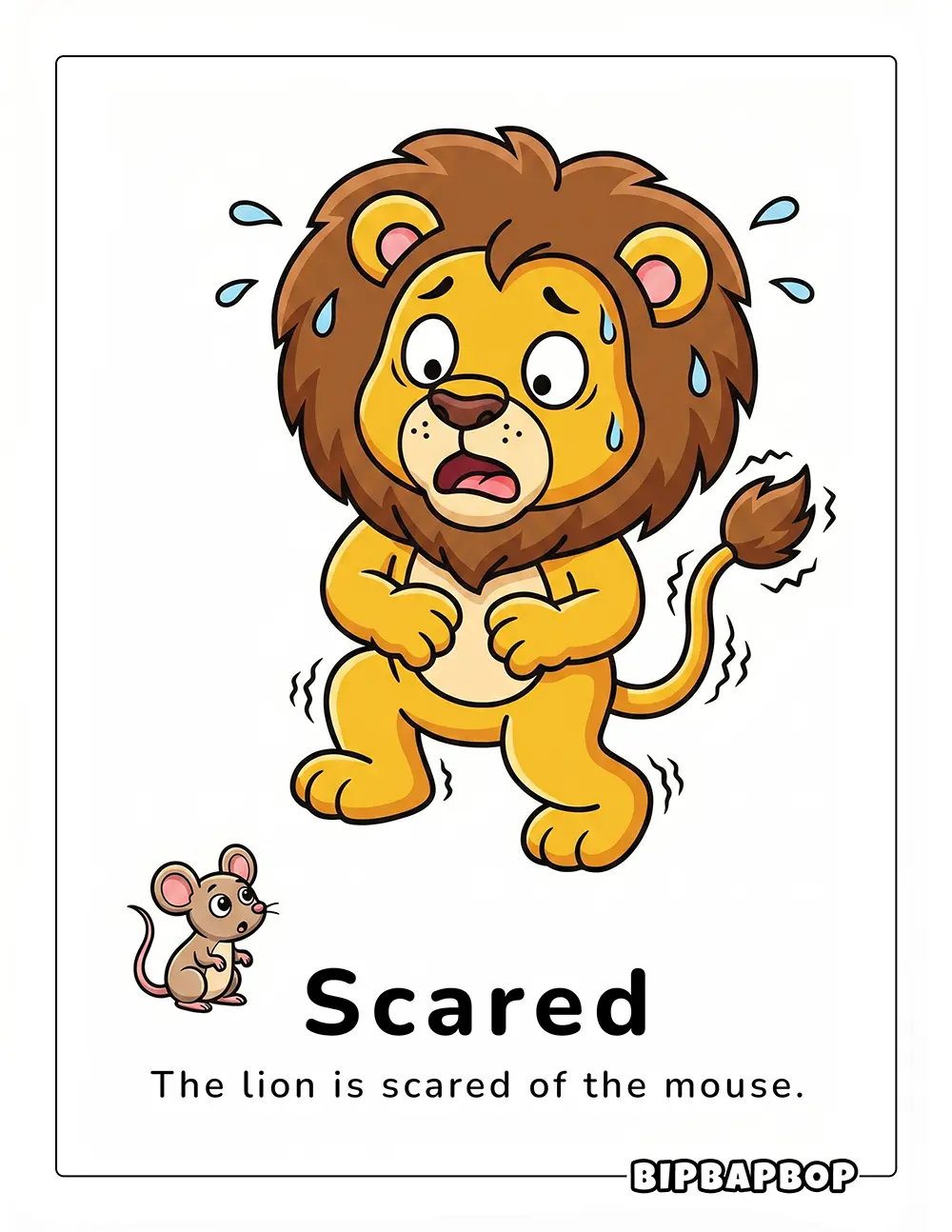 The lion is scared of the mouse