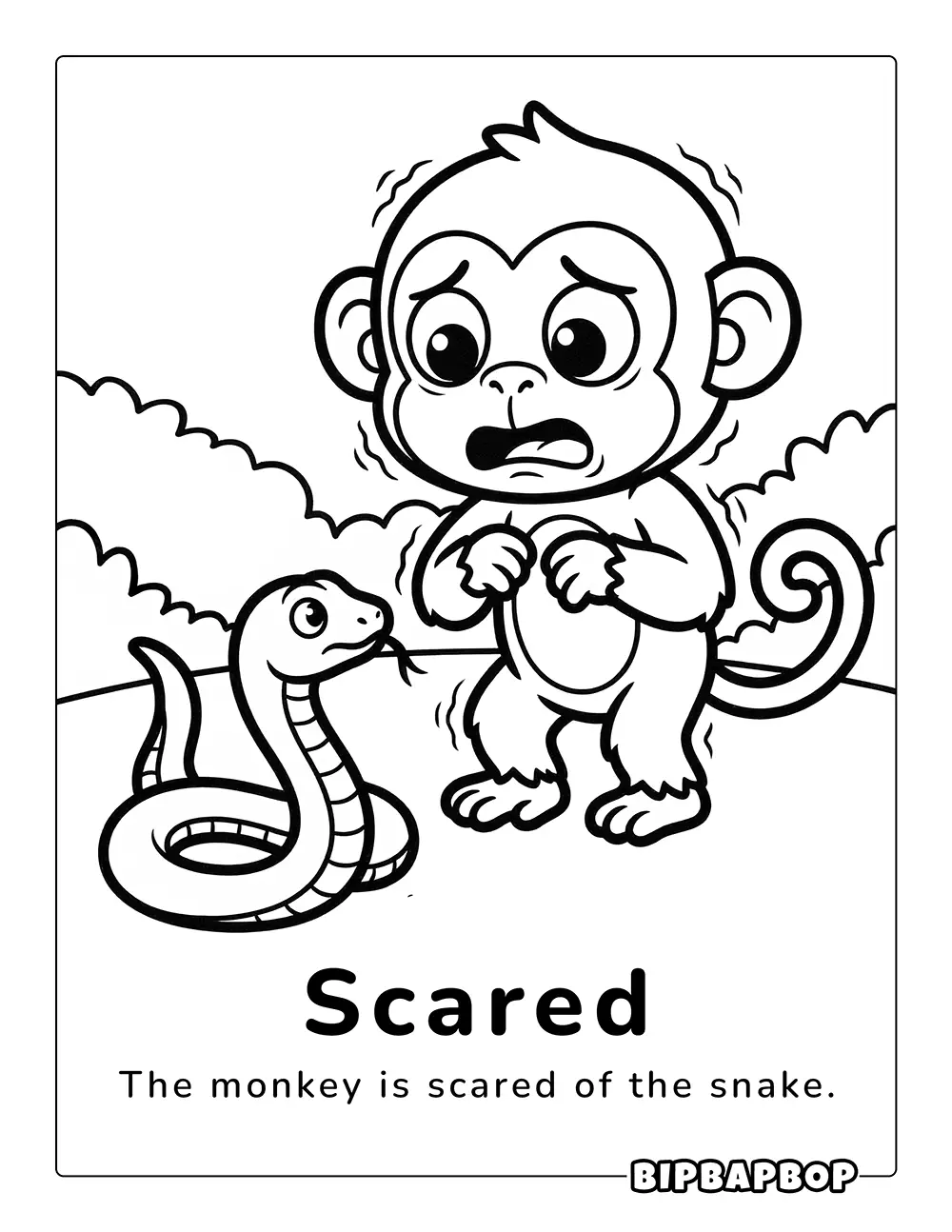 A monkey scared by a snake