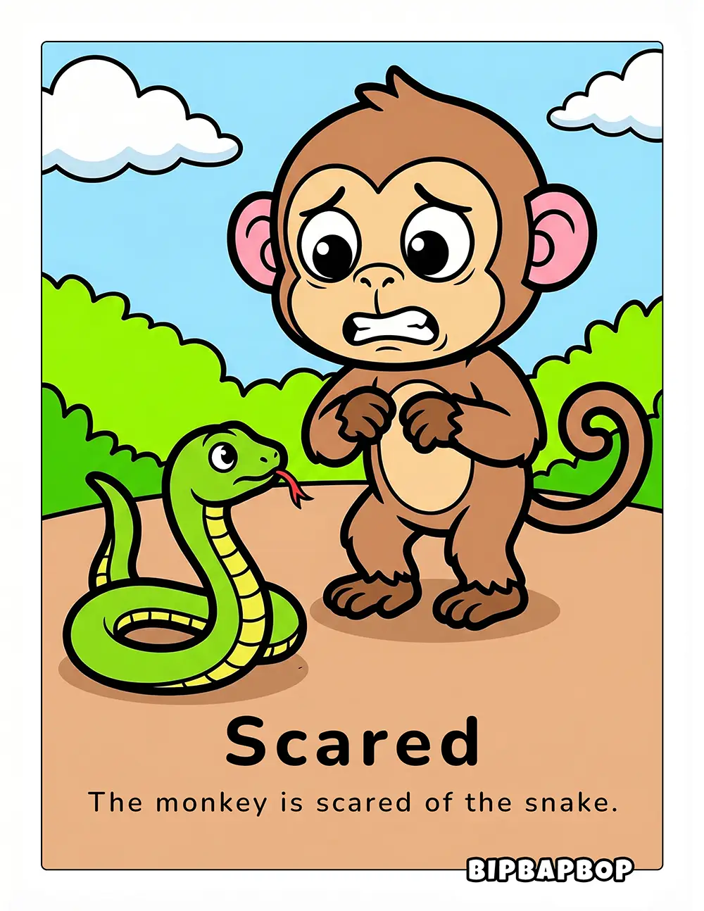The monkey is scared of the snake