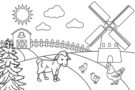 Sheep and Chicken Coloring Page Black & White