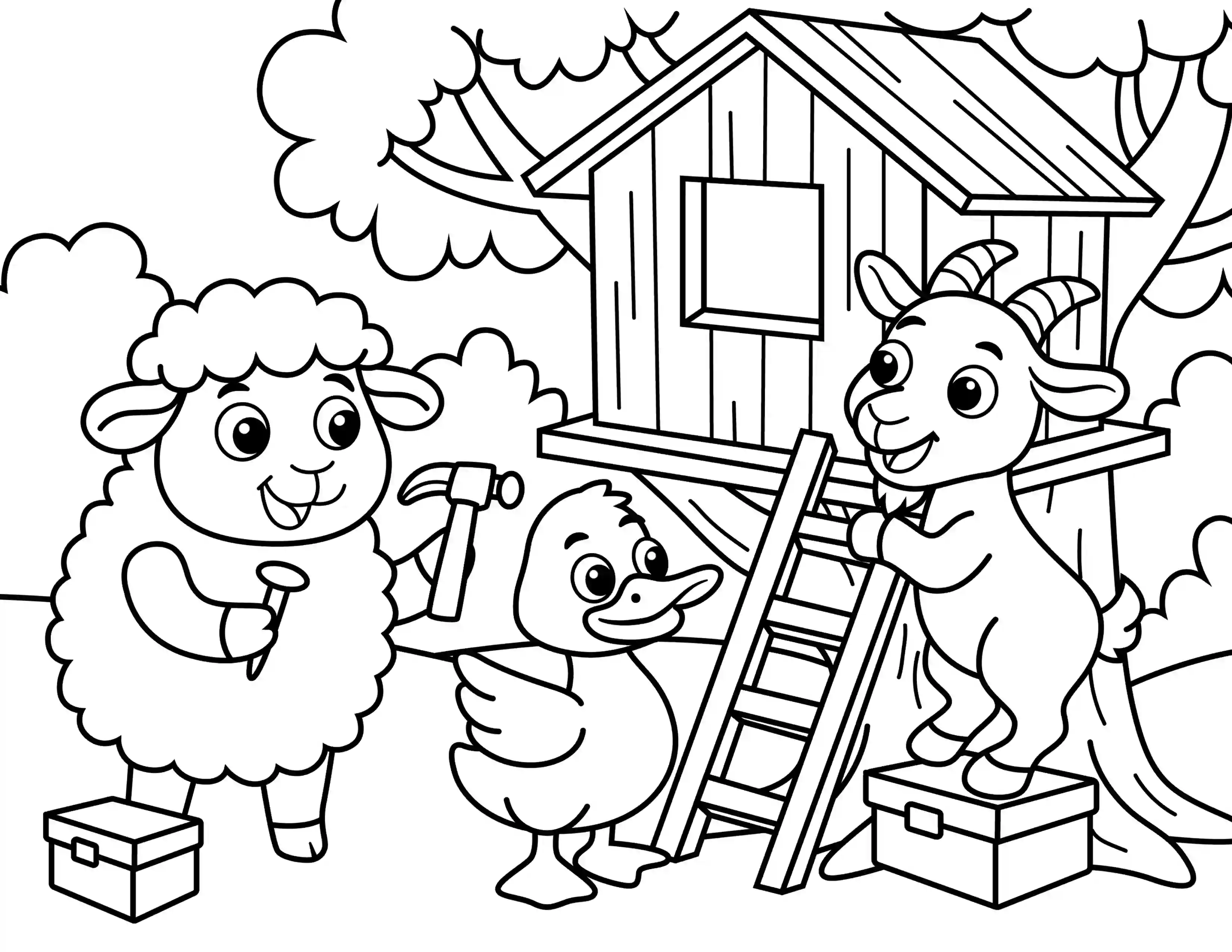 Sheep, Duck and Goat Making A Tree House Coloring Page Black & White