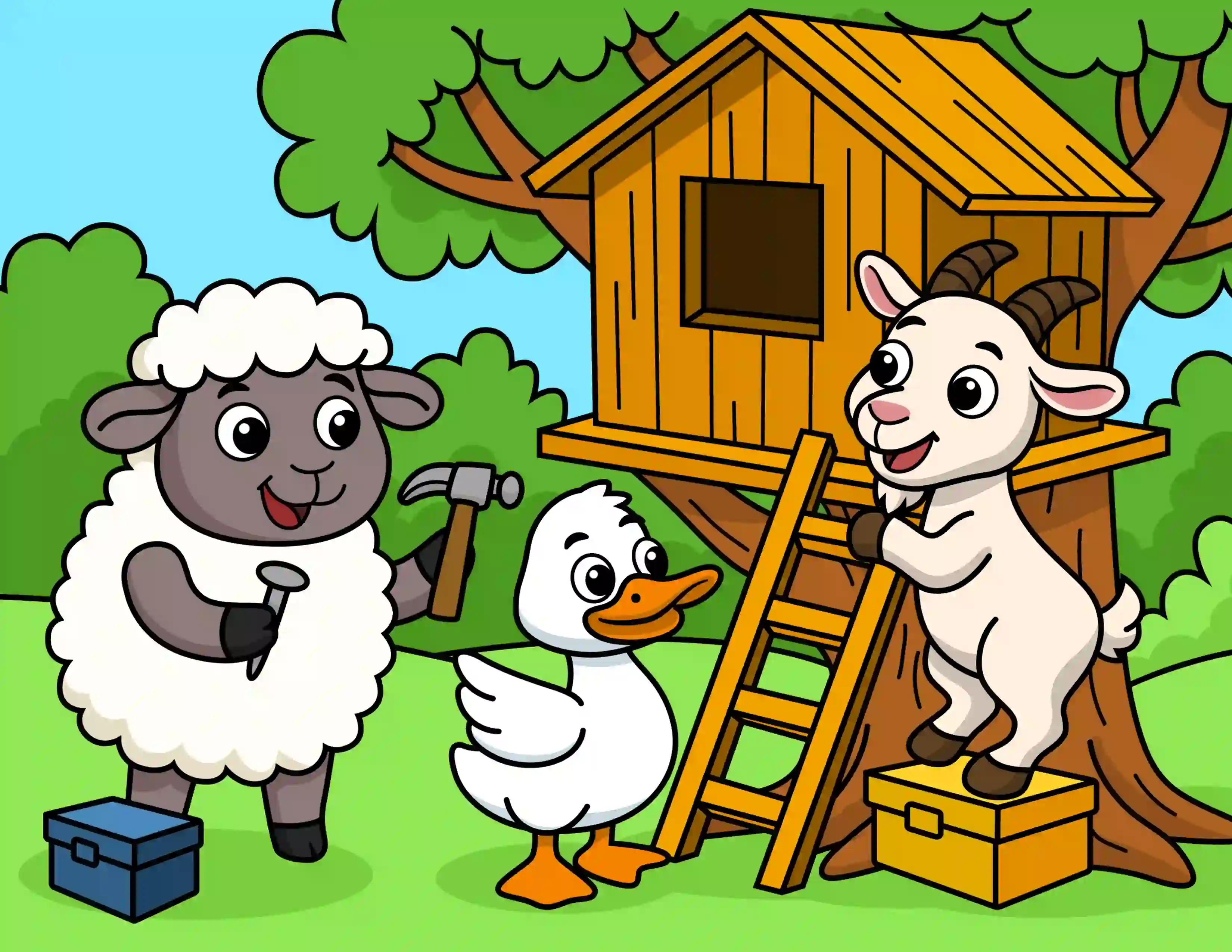 Sheep, Duck and Goat Making A Tree House Coloring Page