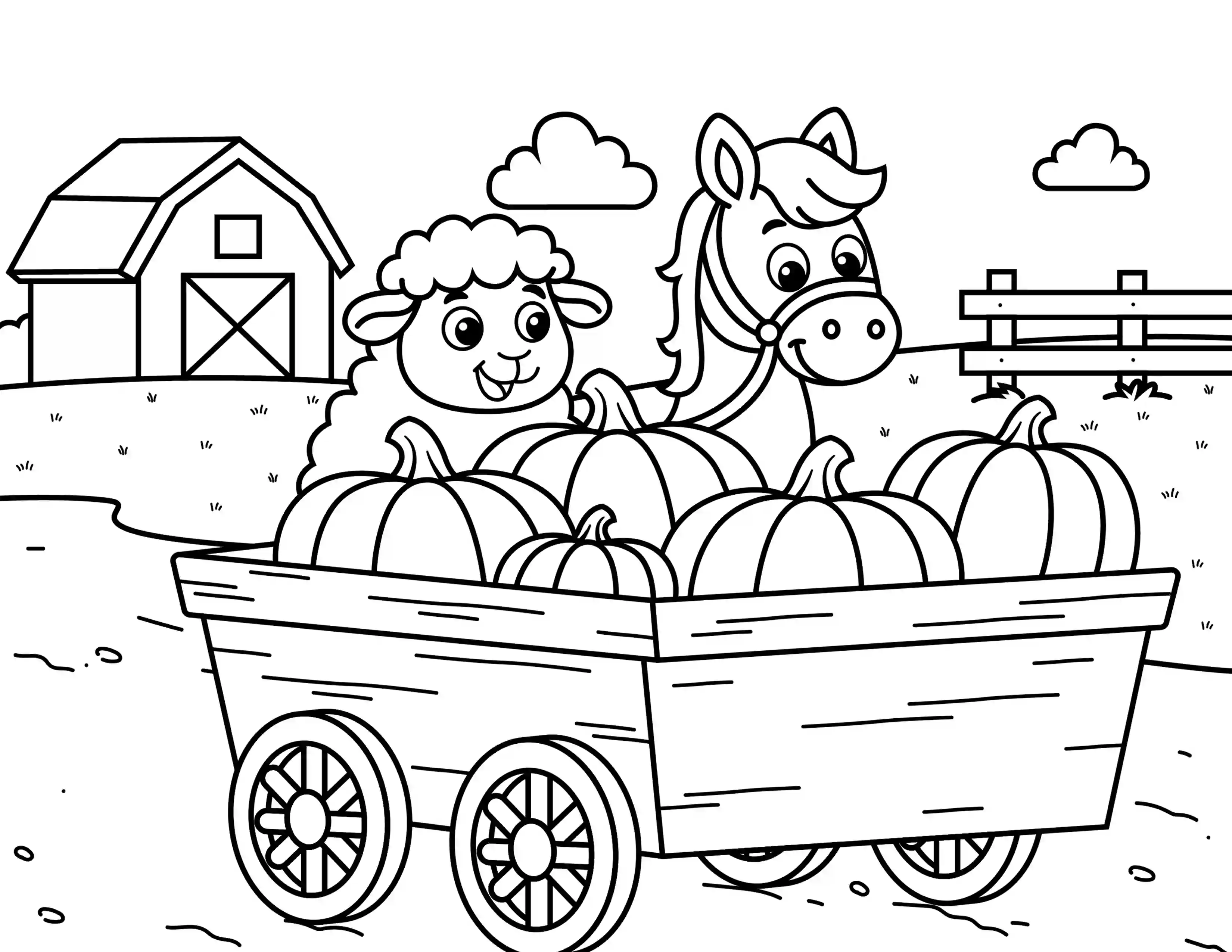 Sheep And Horse Pushing A Pumpkin Cart  Coloring Page Black & White