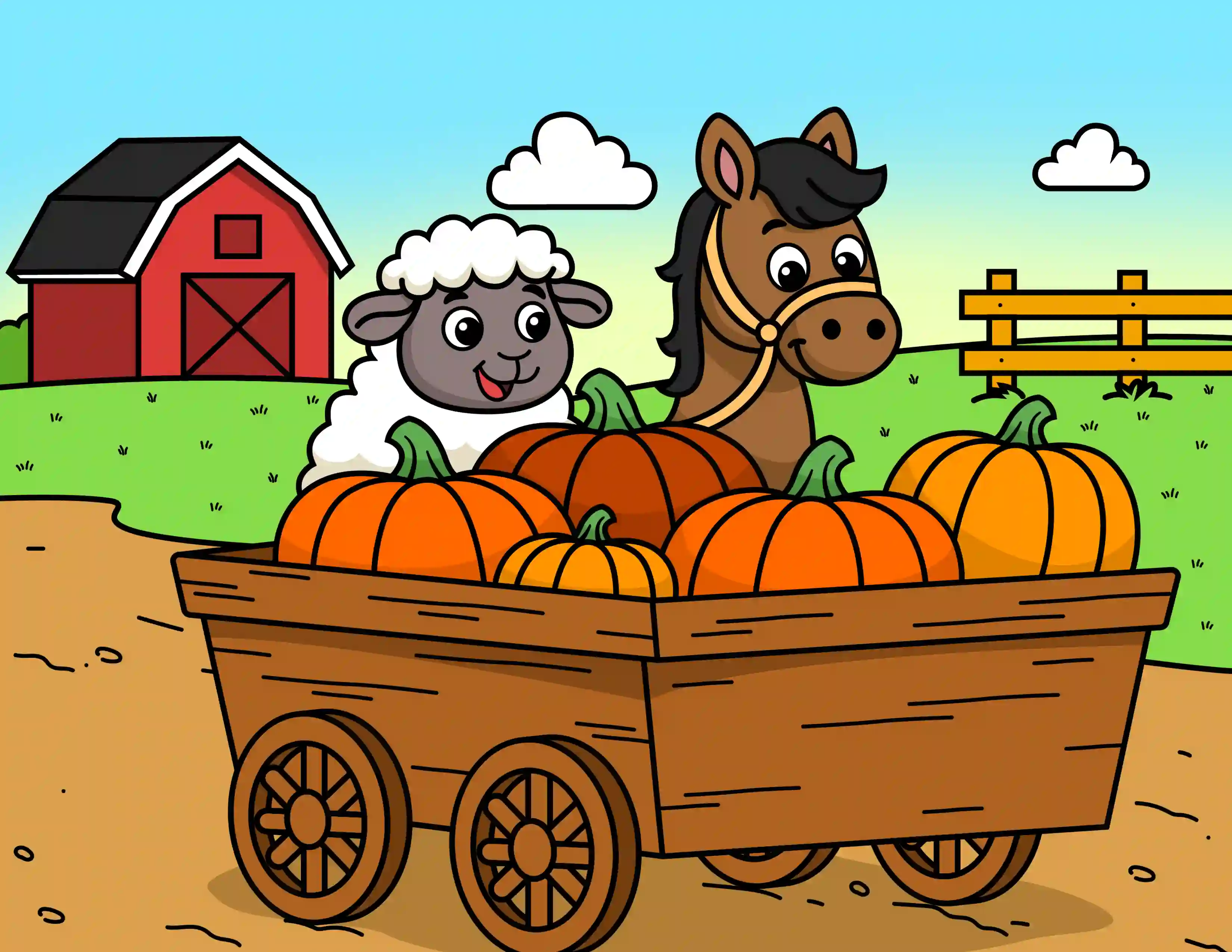 Sheep And Horse Pushing A Pumpkin Cart  Coloring Page