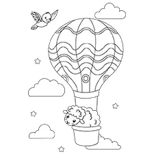 Cute Sheep In A Hot Air Balloon Coloring Page Black & White