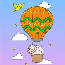 Cute Sheep In A Hot Air Balloon Coloring Page
