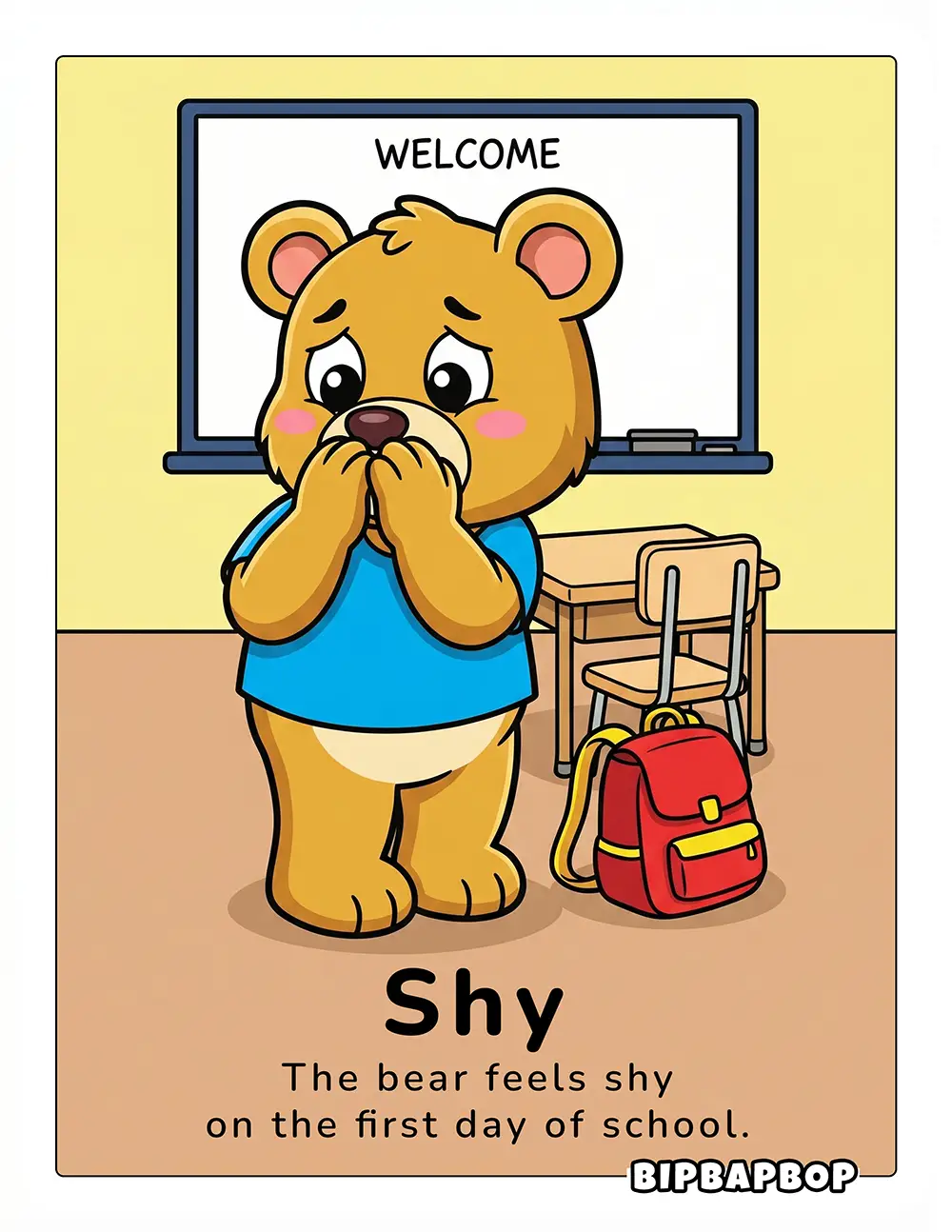 The bear feels shy on the first day of school