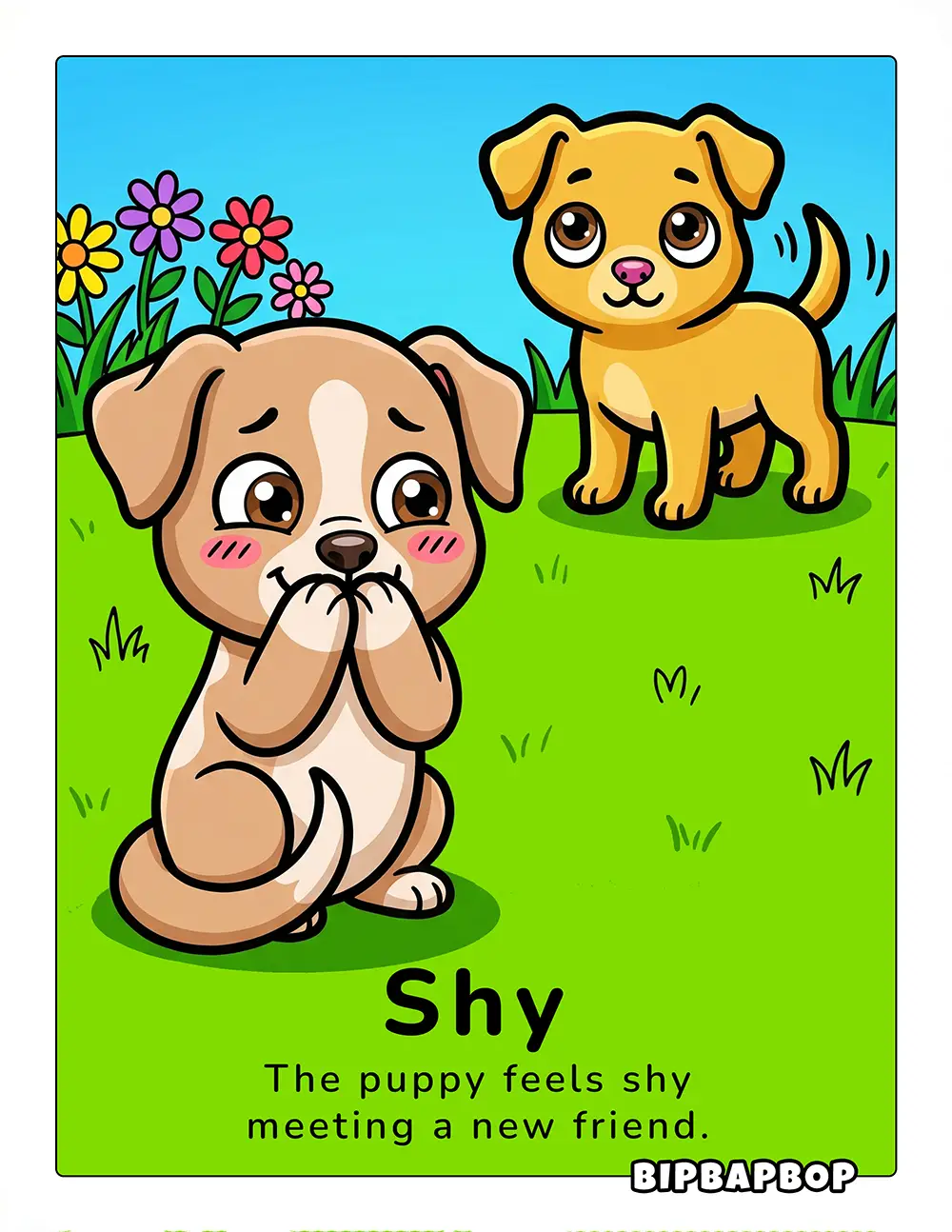 The puppy feels shy meeting a new friend