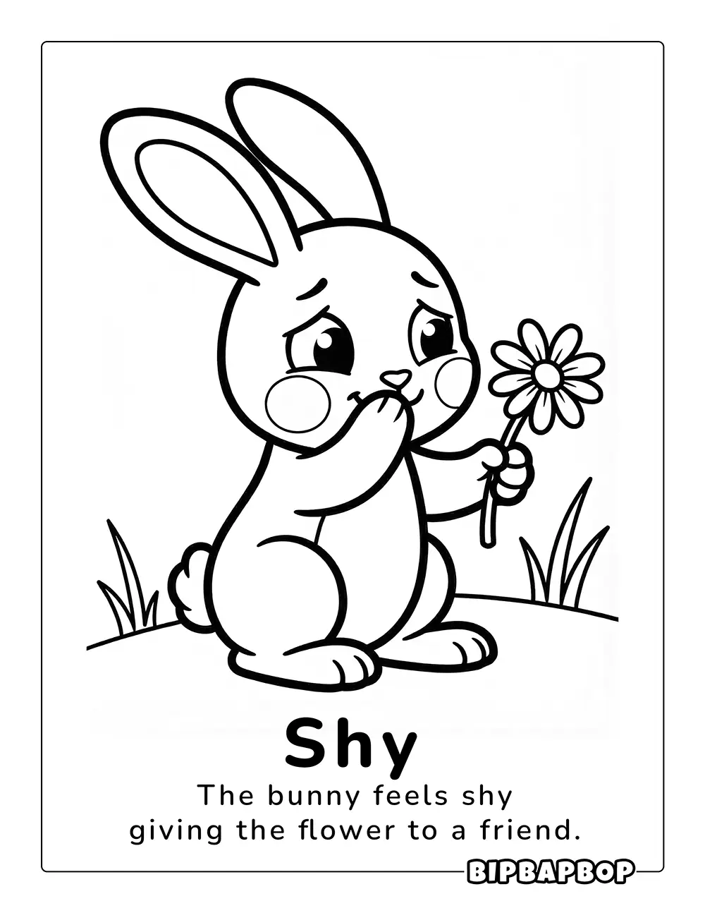 A shy bunny is giving a flower to a friend