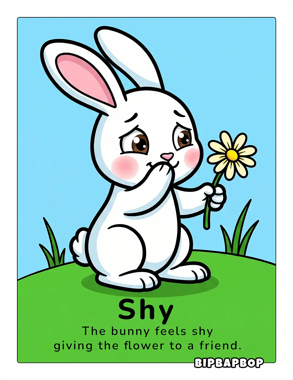 The bunny feels shy giving the flower to a friend