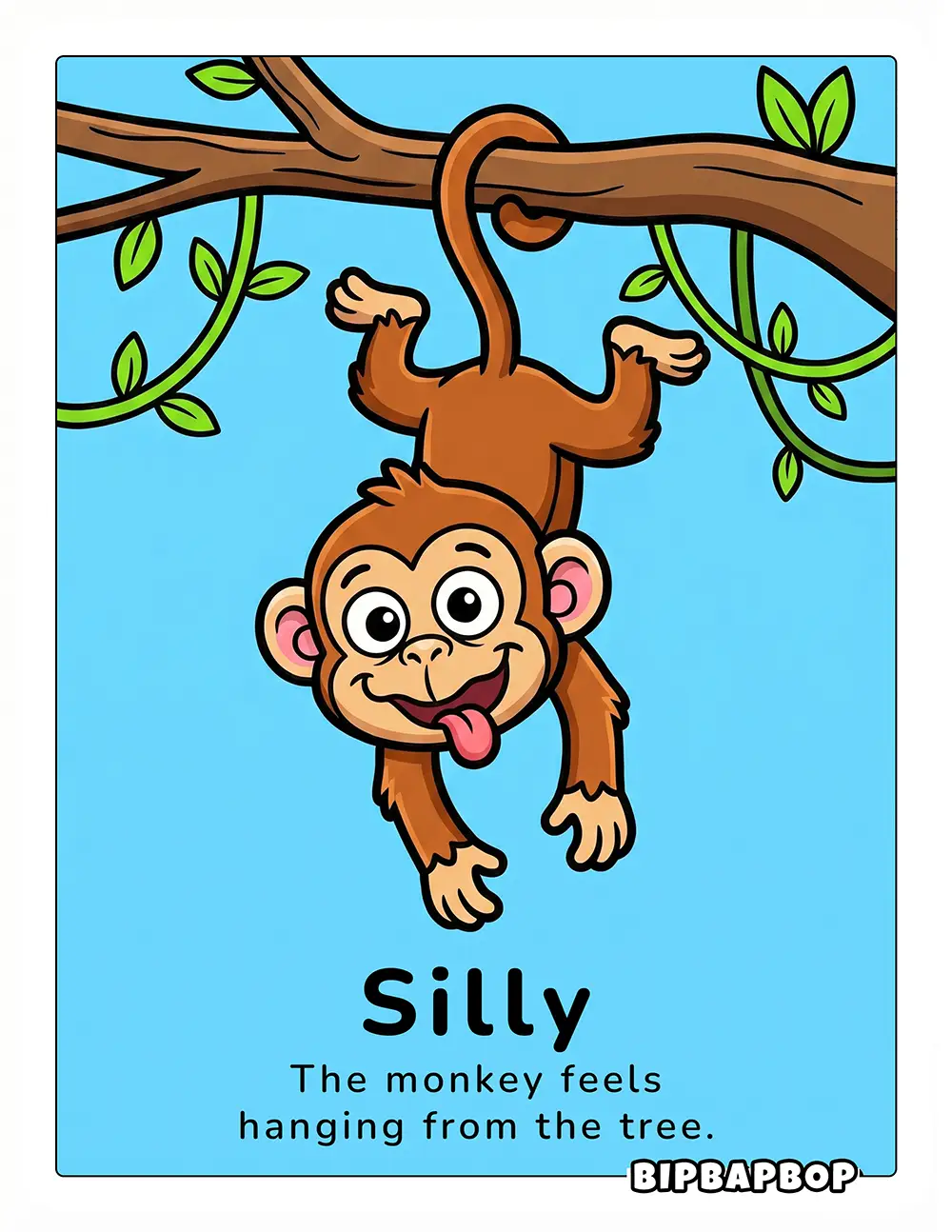 The monkey feels silly hanging from the tree