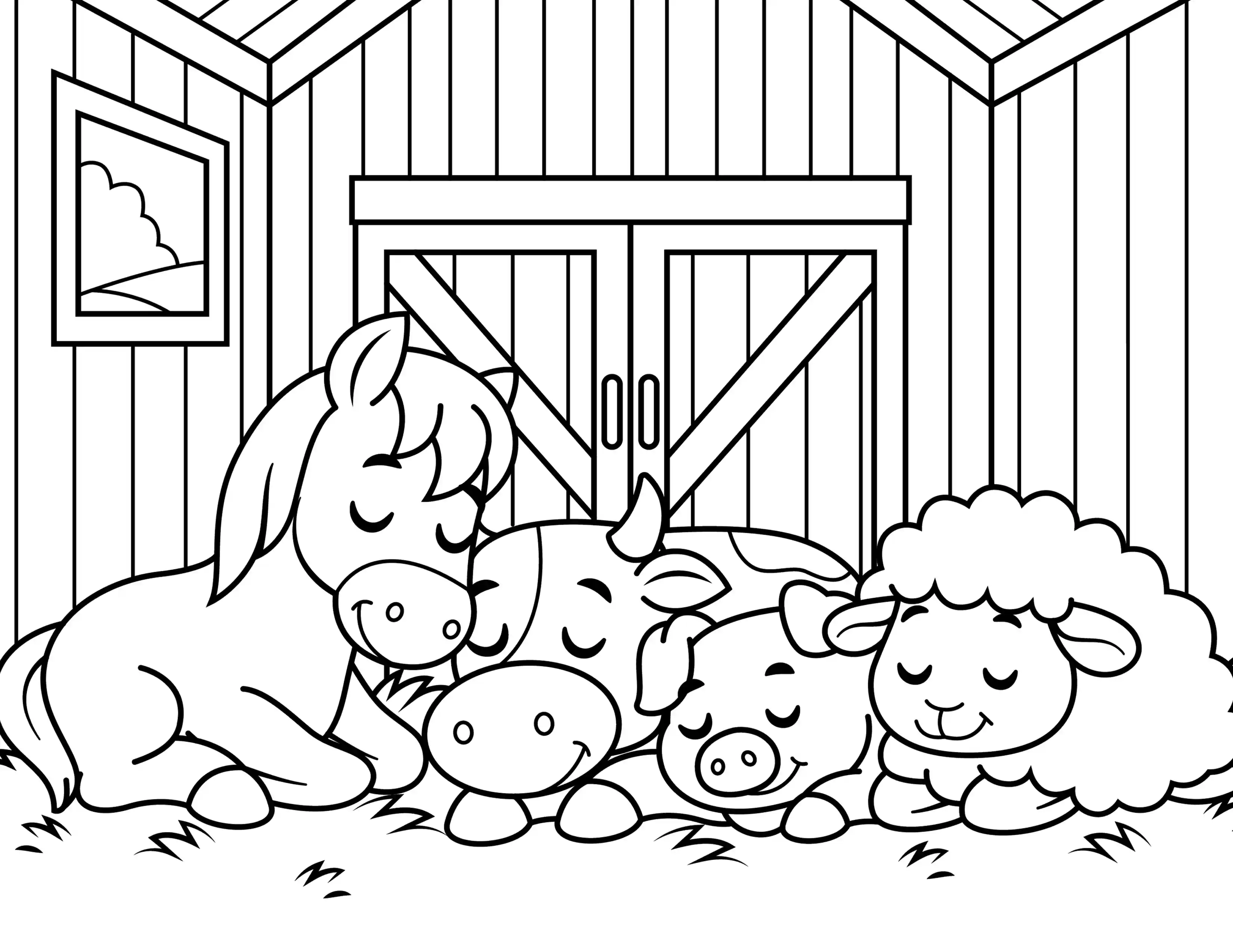Sleeping Farm Animals Coloring Page Black & White