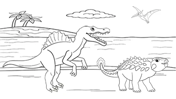 Spinosaurus Chasing Ankylosaurus Coloring Page Black & White