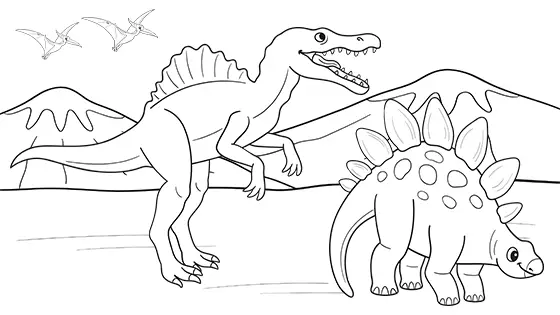Spinosaurus Chasing Baby Stegosaurus Coloring Page Black & White