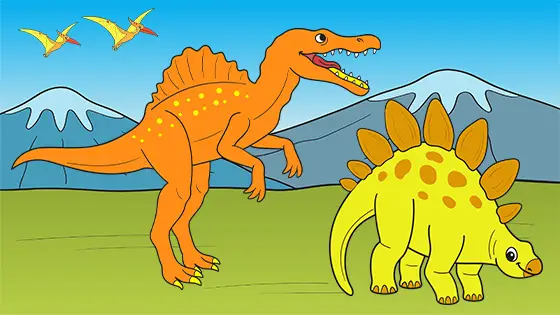 Spinosaurus Chasing Baby Stegosaurus Coloring Page Color