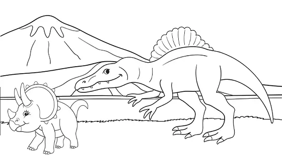 Spinosaurus Chasing Baby Triceratops Coloring Page Black & White