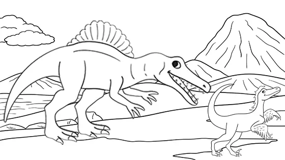 Spinosaurus Chasing Velociraptor Coloring Page Black & White