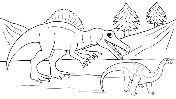 Spinosaurus Hunting Baby Diplodocus Coloring Page Black & White