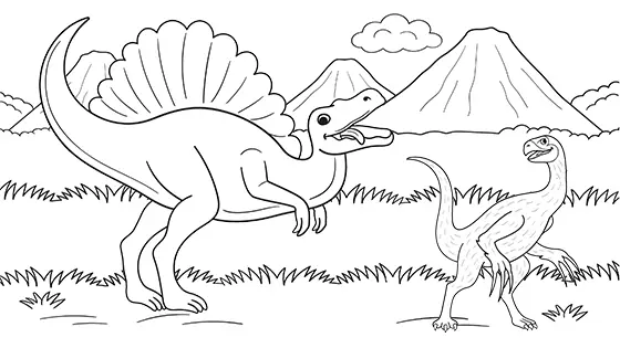 Spinosaurus Hunting Therizinosaurus Coloring Page Black & White