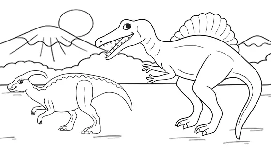 Parasaurolophus Running From Spinosaurus Coloring Page Black & White