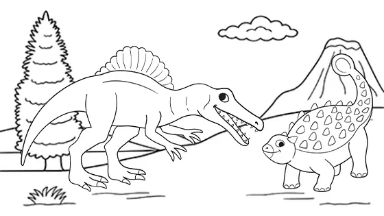 Spinosaurus vs. Ankylosaurus Coloring Page Black & White