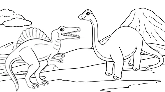Spinosaurus vs. Diplodocus Coloring Page Black & White