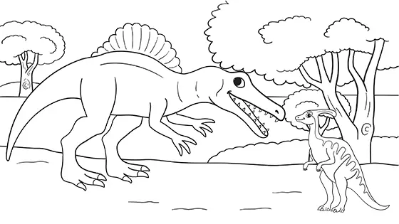 Parasaurolophus vs Spinosaurus Coloring Page Black & White