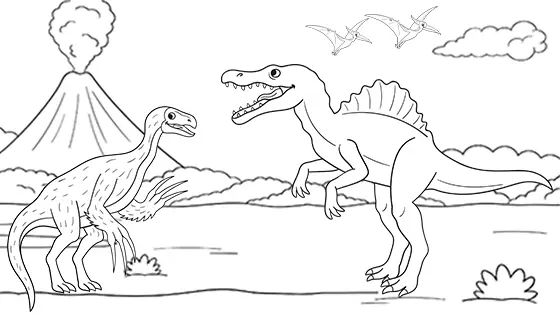 Spinosaurus vs. Therizinosaurus Coloring Page Black & White
