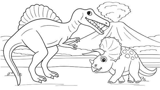 Spinosaurus vs. Triceratops Coloring Page Black & White