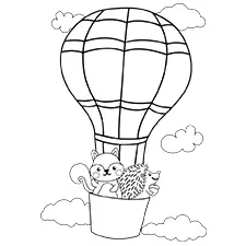 Squirrel & Hedgehog In A Hot Air Balloon Coloring Page Black & White