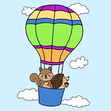 Squirrel & Hedgehog In A Hot Air Balloon  Coloring Page