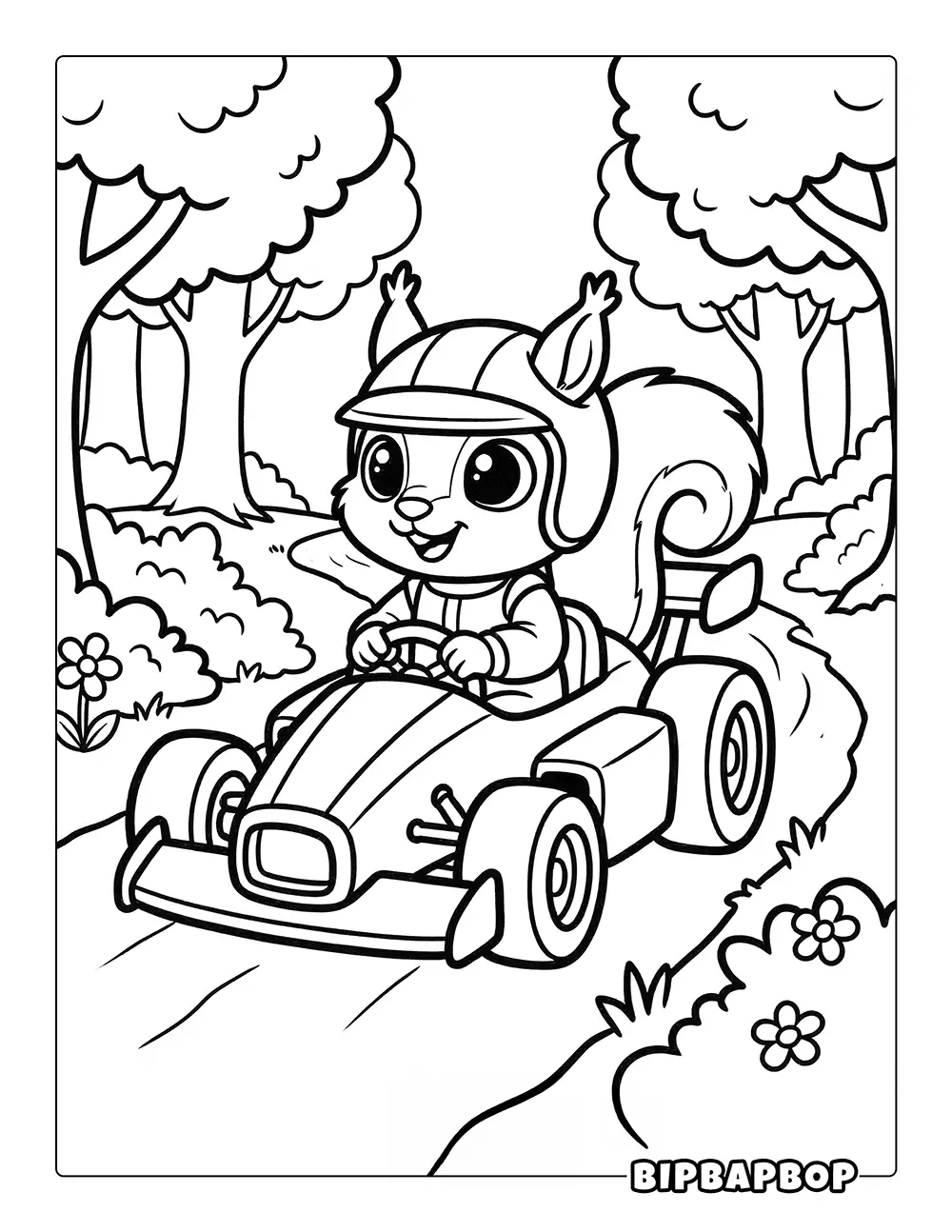Squirrel Driving A Race Car Coloring Page